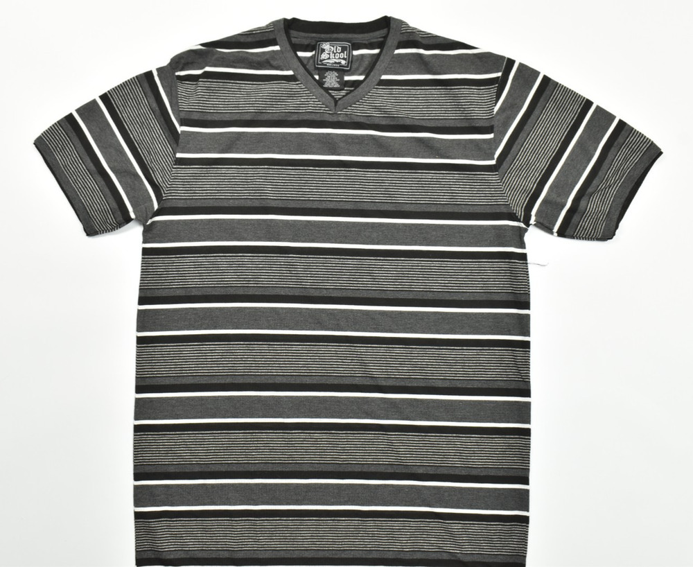 Old Skool Men's V-Neck Striped Short Sleeve Tee Shirt Gray Black White Size 3X
